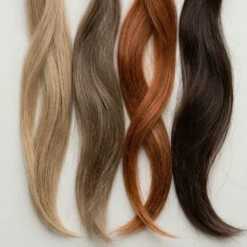 Four hair swatches side by side: sandy blonde, mousy brown, bright copper and deep dark brown
