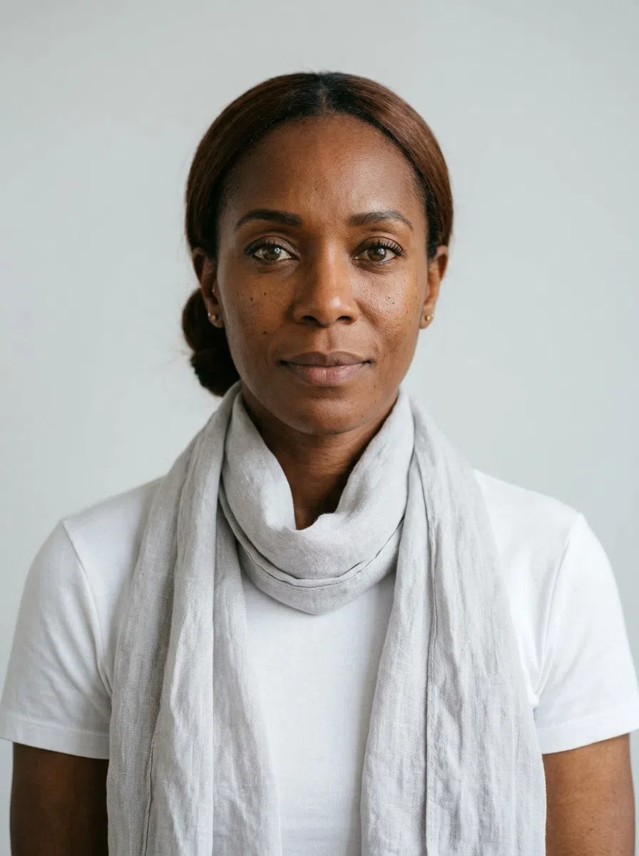 The deep-skinned Autumn model wearing a scarf tinted in the chosen accent, her tee kept eggshell in Sienna