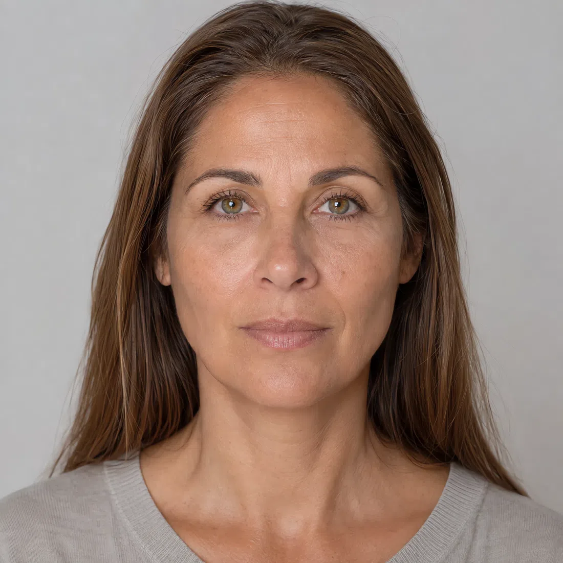 A Soft Autumn woman with light olive skin, soft mid-brown hair and gray-green eyes, in a plain light top
