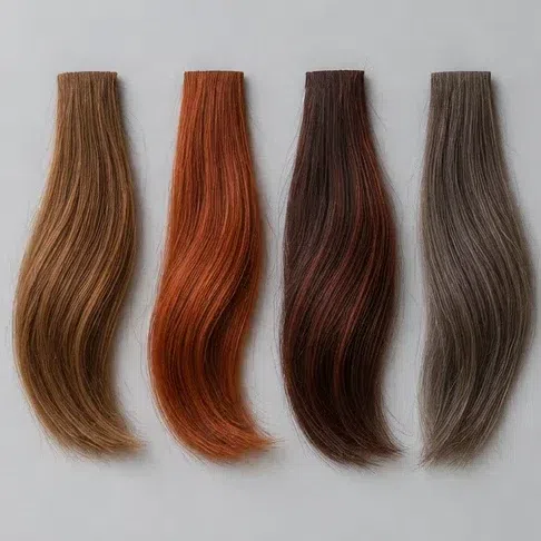 Hair swatches in soft light brown, copper and dark mahogany, and one ash brown that is the odd one out