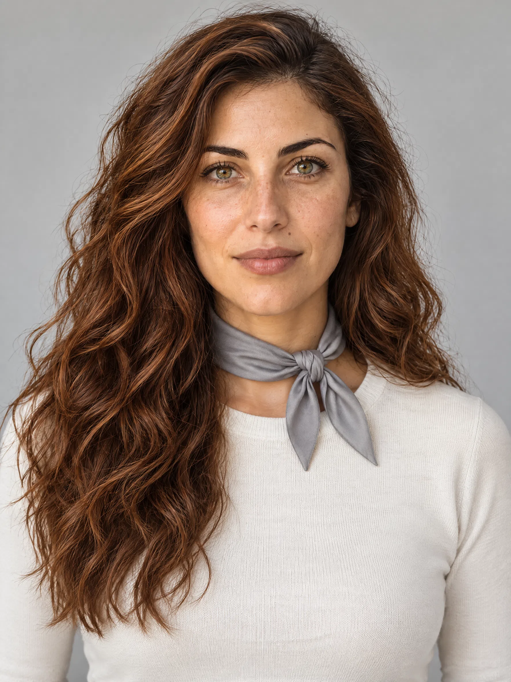 Neck scarf recolored through Bright Spring accents over a neutral knit