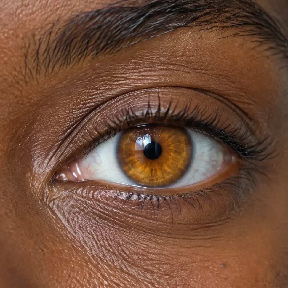 Macro of a warm honey-amber topaz iris on a deep complexion