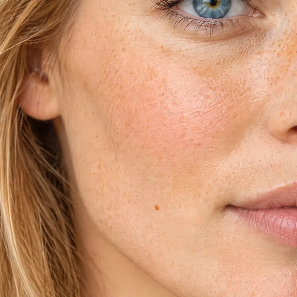 Fair Bright Spring cheek skin with light-ginger freckles and a coral flush