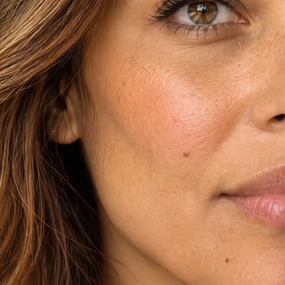 Medium golden-honey Bright Spring cheek skin with an even honey tan