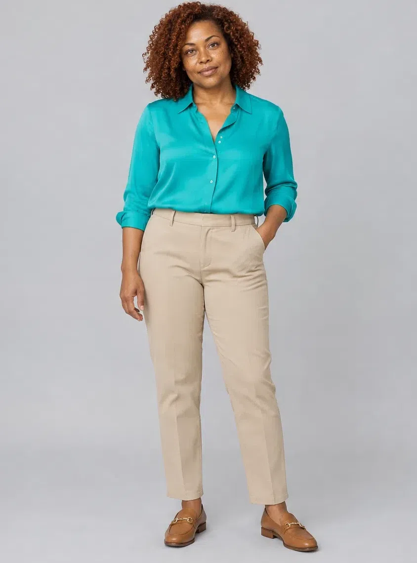 Peacock silk blouse, Bright Spring capsule wardrobe, Deep complexion