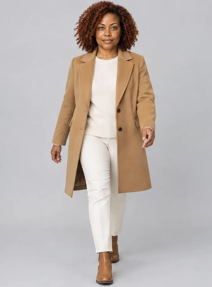 Camel wool coat, Bright Spring capsule wardrobe, Deep complexion