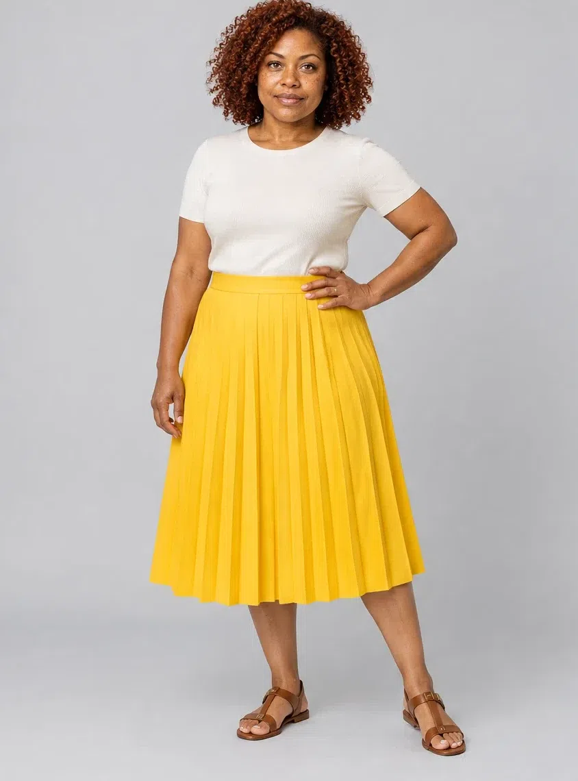 Dandelion pleated midi skirt, Bright Spring capsule wardrobe, Deep complexion
