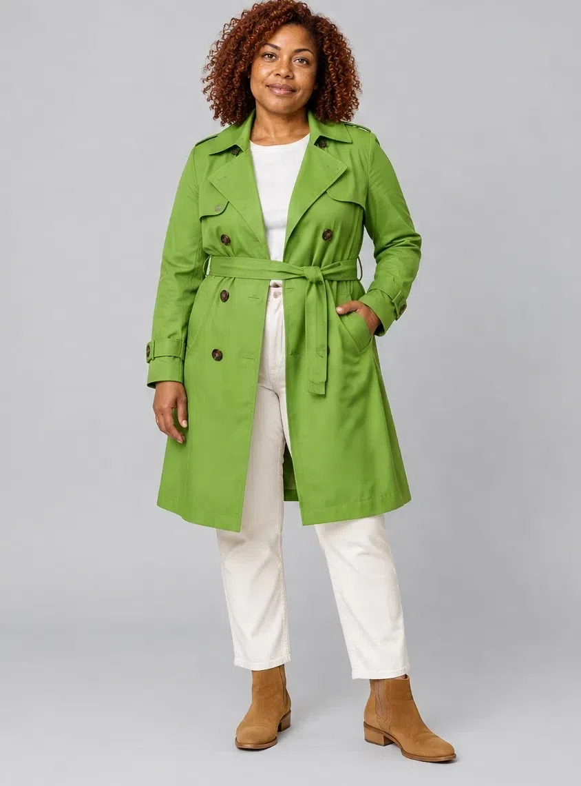 Leaf green cotton trench, Bright Spring capsule wardrobe, Deep complexion