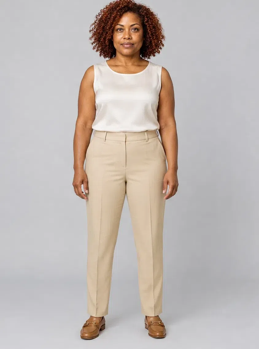 Wheat tailored trousers, Bright Spring capsule wardrobe, Deep complexion