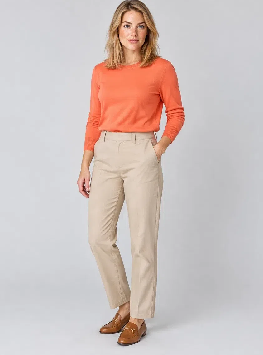 Coral flame merino sweater, Bright Spring capsule wardrobe, Fair complexion