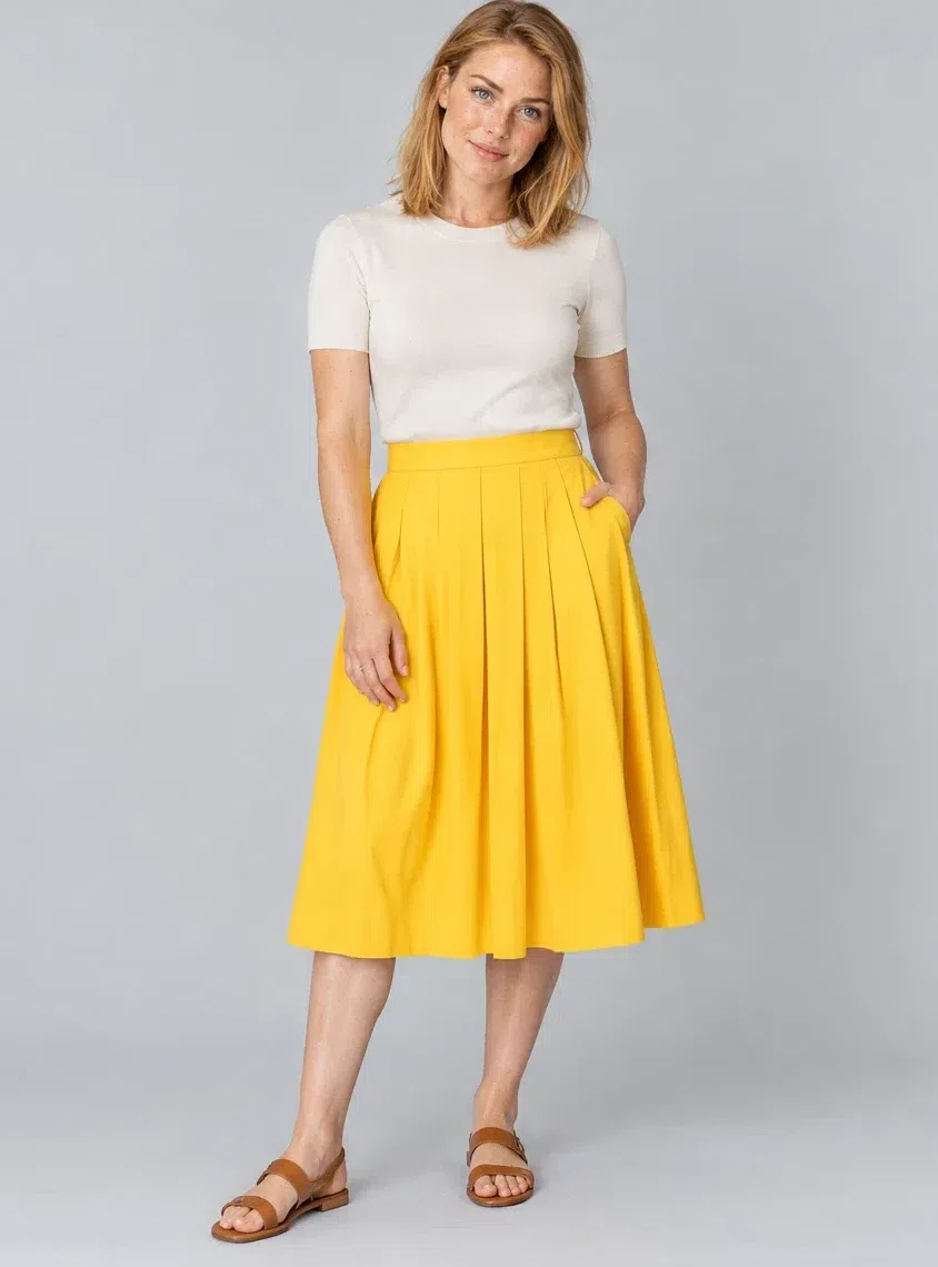 Dandelion pleated midi skirt, Bright Spring capsule wardrobe, Fair complexion