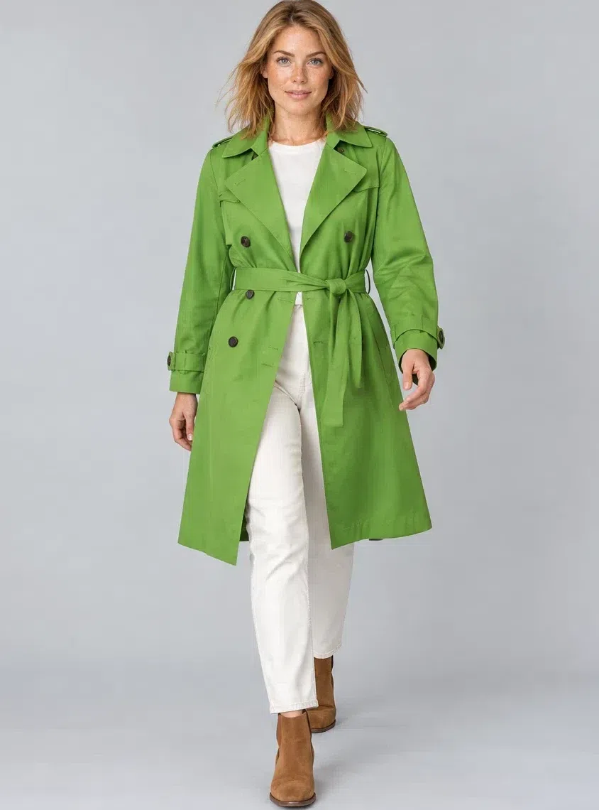 Leaf green cotton trench, Bright Spring capsule wardrobe, Fair complexion