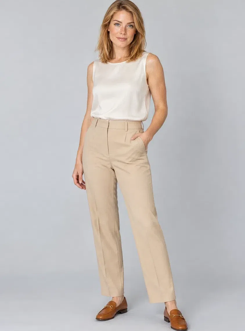 Wheat tailored trousers, Bright Spring capsule wardrobe, Fair complexion