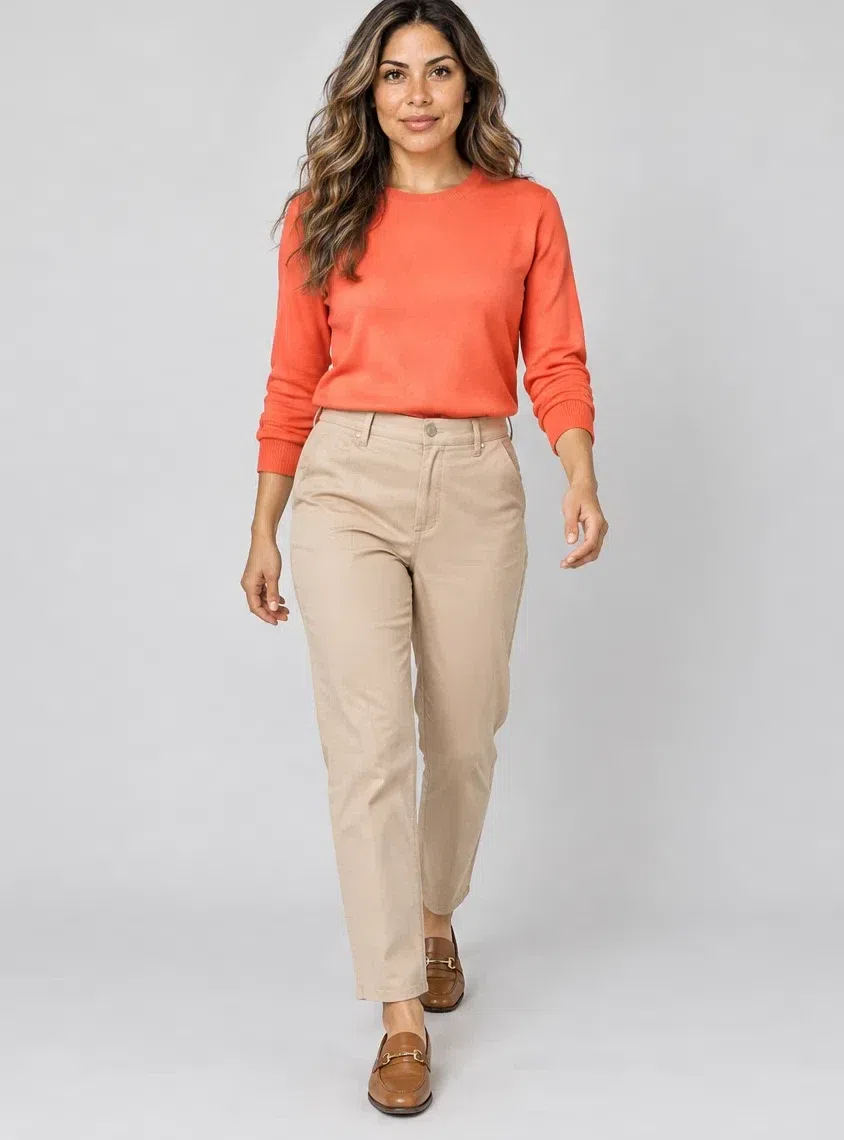 Coral flame merino sweater, Bright Spring capsule wardrobe, Medium complexion