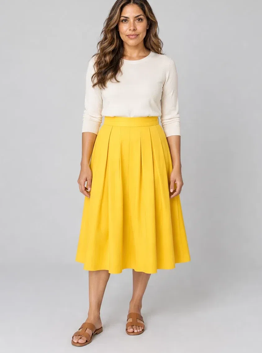 Dandelion pleated midi skirt, Bright Spring capsule wardrobe, Medium complexion