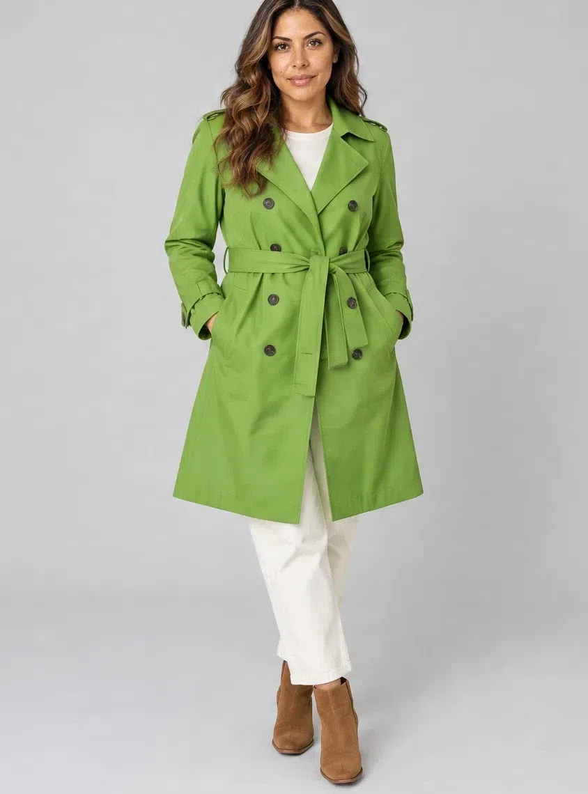 Leaf green cotton trench, Bright Spring capsule wardrobe, Medium complexion
