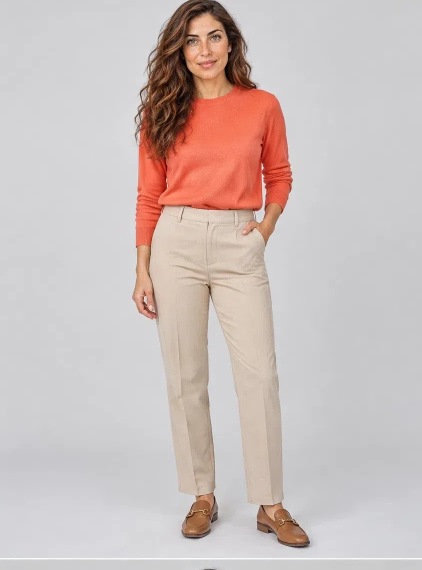 Coral flame merino sweater, Bright Spring capsule wardrobe, Light complexion