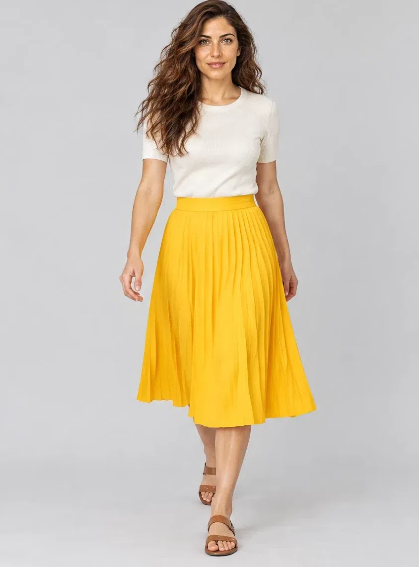 Dandelion pleated midi skirt, Bright Spring capsule wardrobe, Light complexion