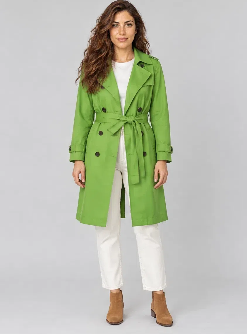 Leaf green cotton trench, Bright Spring capsule wardrobe, Light complexion