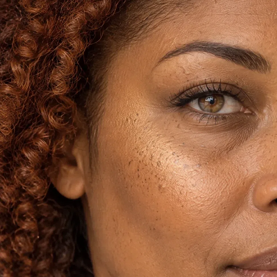 Burnished gold highlighter on a deep golden-brown Bright Spring complexion