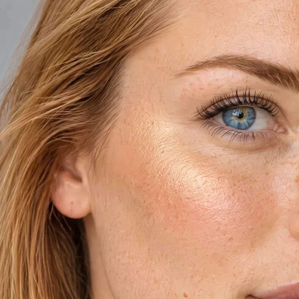 Warm champagne highlighter on a fair Bright Spring complexion