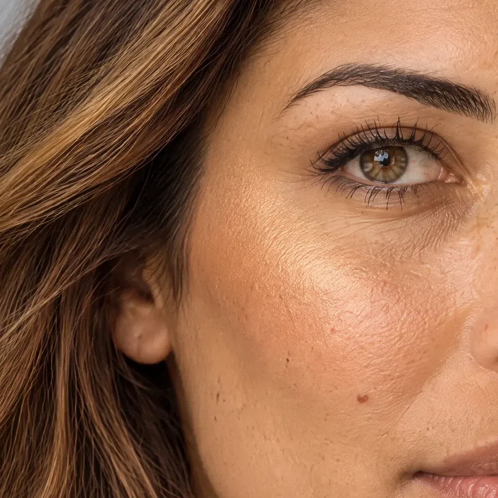 Apricot-gold highlighter on a medium golden Bright Spring complexion