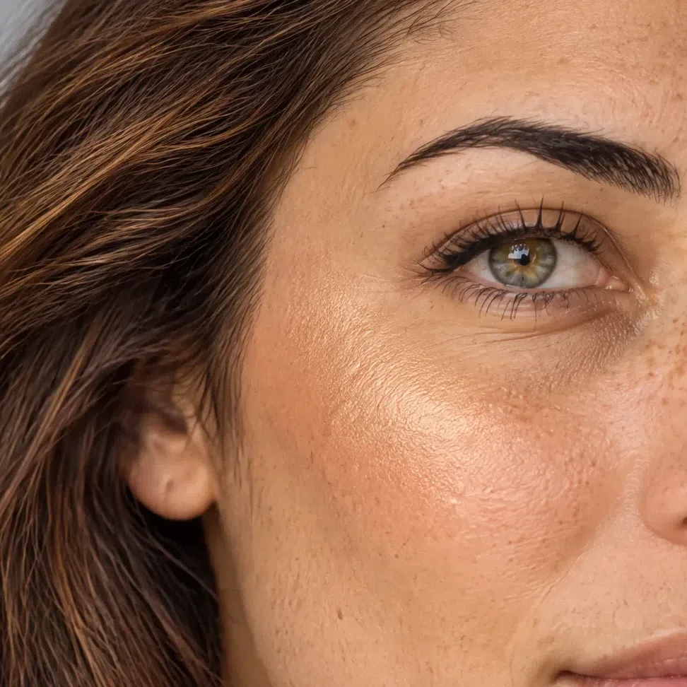 Peach-gold highlighter on a light olive Bright Spring complexion