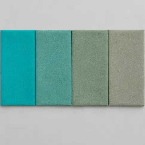 Four fabric squares running from clear turquoise to dusty sage