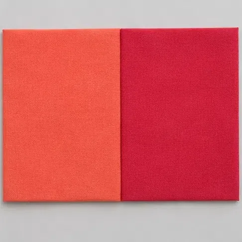 A warm coral fabric square beside a cold blue-red one of the same lightness