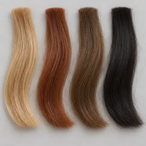Four hair swatches running golden blonde to copper to chestnut, with a cold near-black at the end