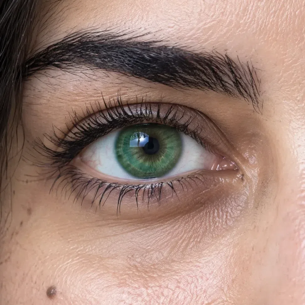 A saturated emerald-green iris with a faint blue cast, on a light olive complexion