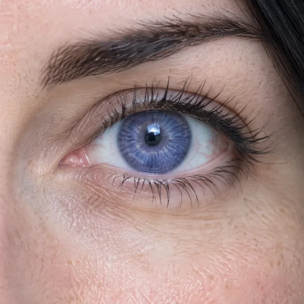A blue-violet Bright Winter iris deepening toward amethyst at the outer ring