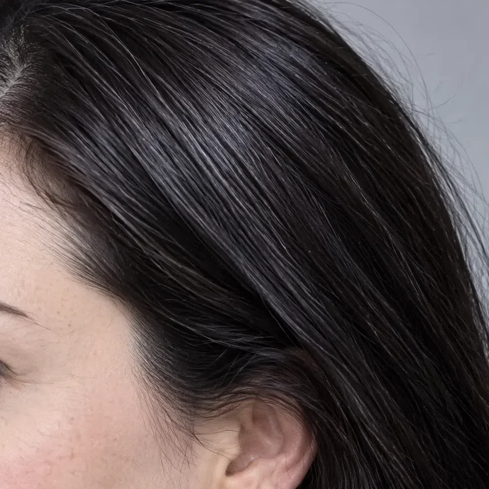 Glossy cool dark brown hair with an ash base and a silvery highlight