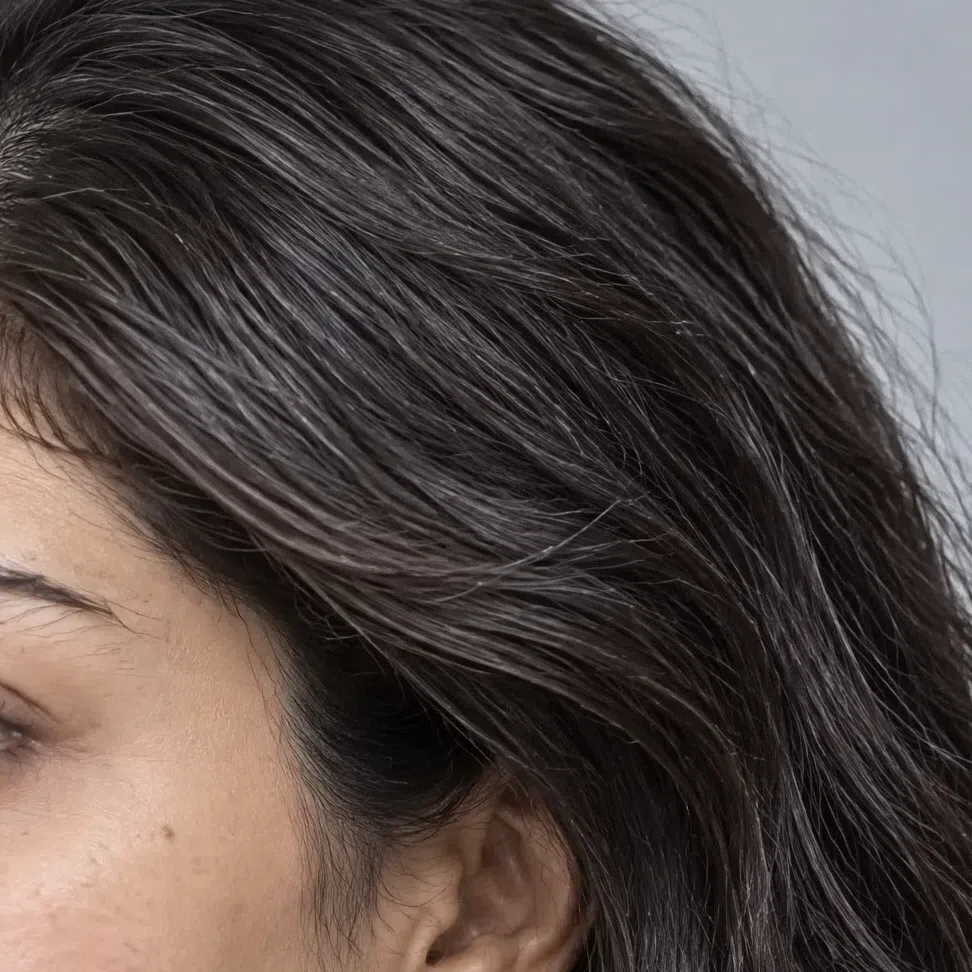 Dark ash-brown hair, the lightest natural Bright Winter shade, on a light olive complexion