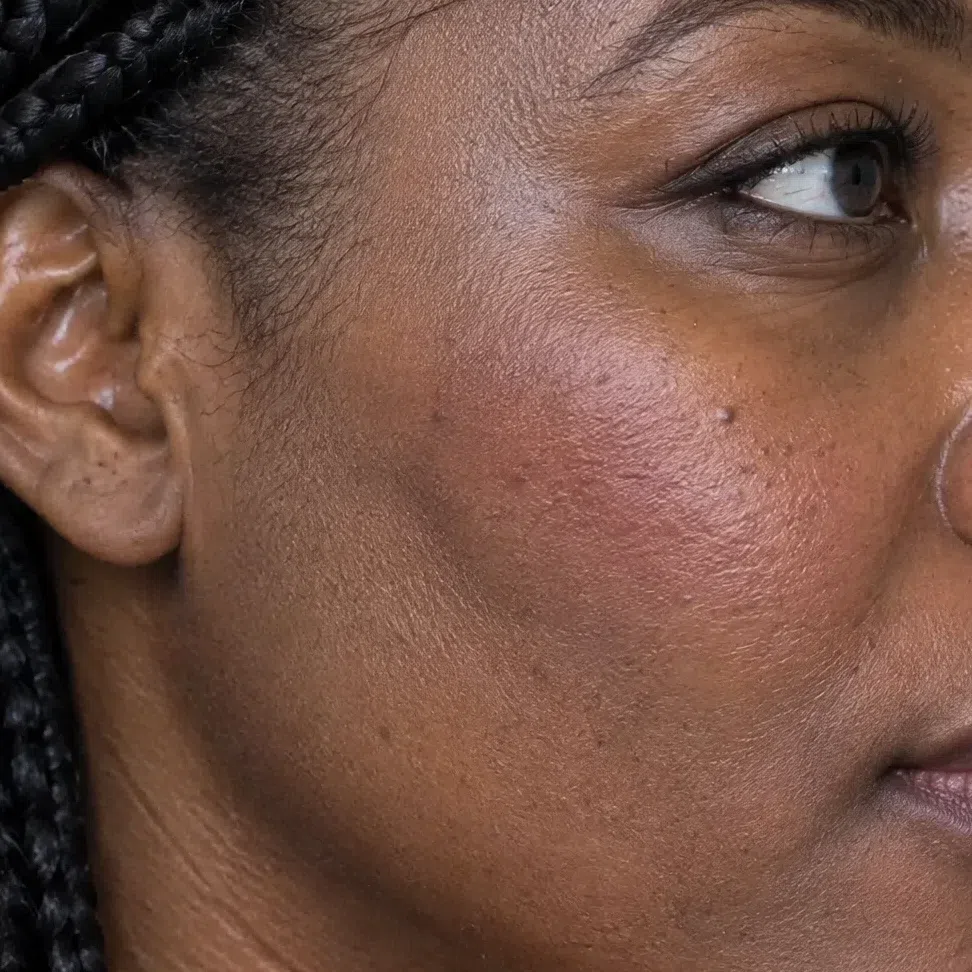 A deep brown Bright Winter in side profile, a cool berry flush on the apple of the cheek