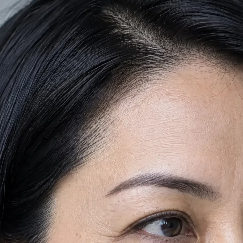 A blue-black hairline meeting clear cool beige skin at the forehead in a sharp, clean edge