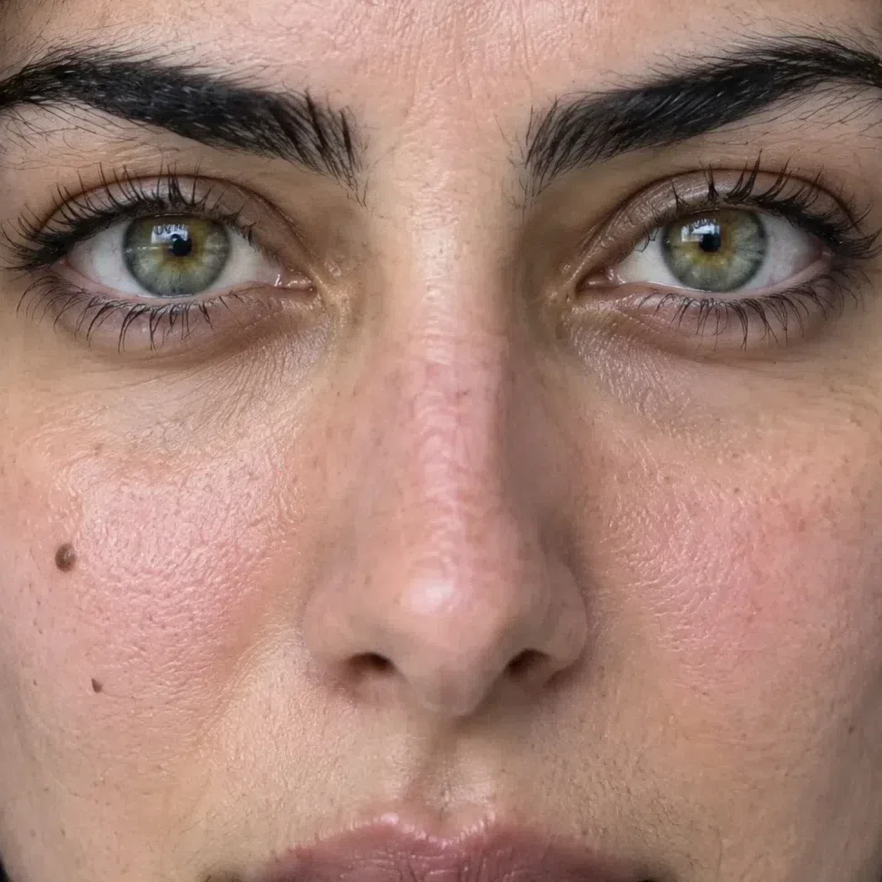 A light olive Bright Winter face after sun, a cool pink-red flush across the nose and upper cheeks