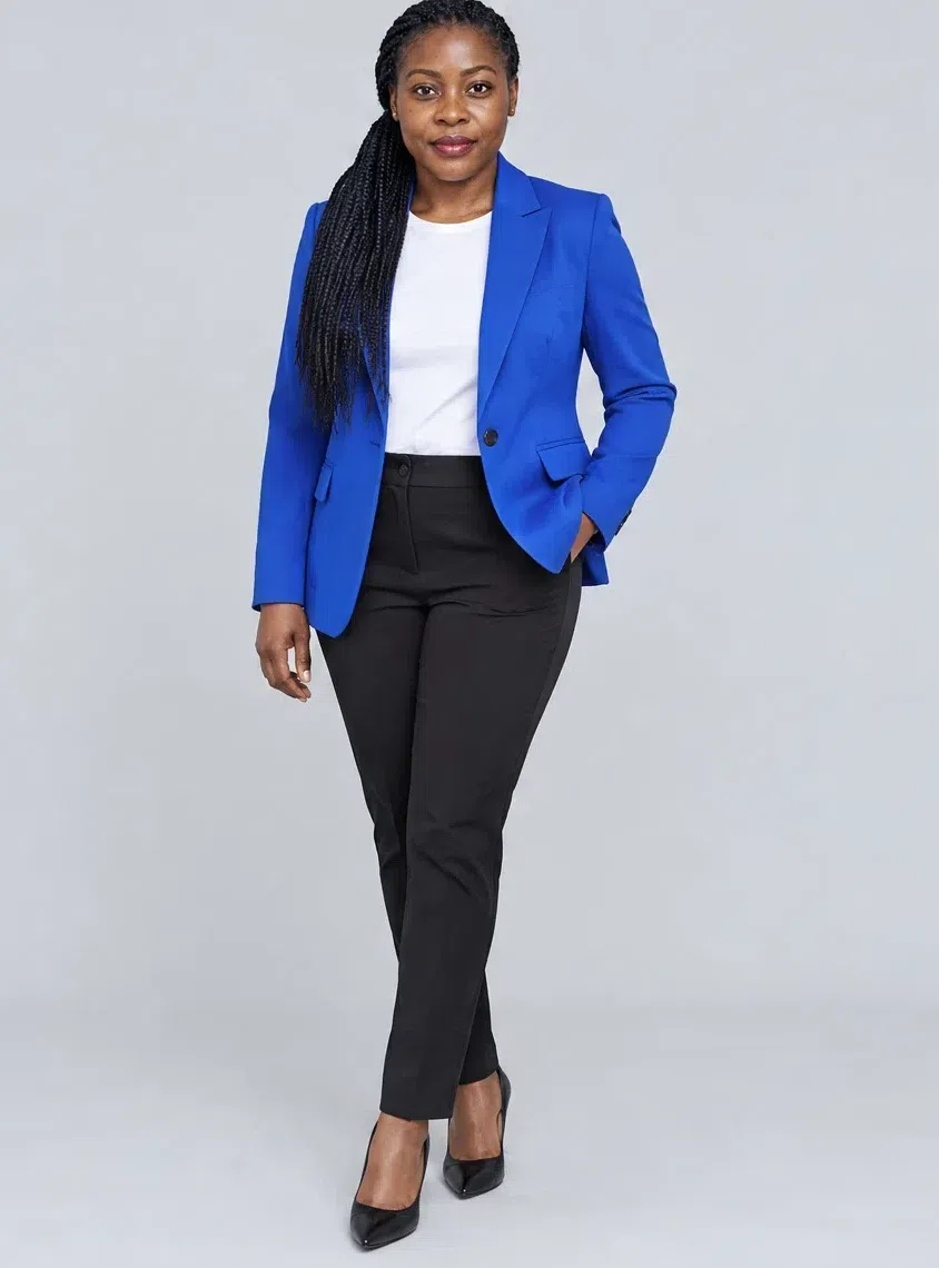 Ultramarine tailored blazer shown on four Bright Winter complexions, Deep complexion