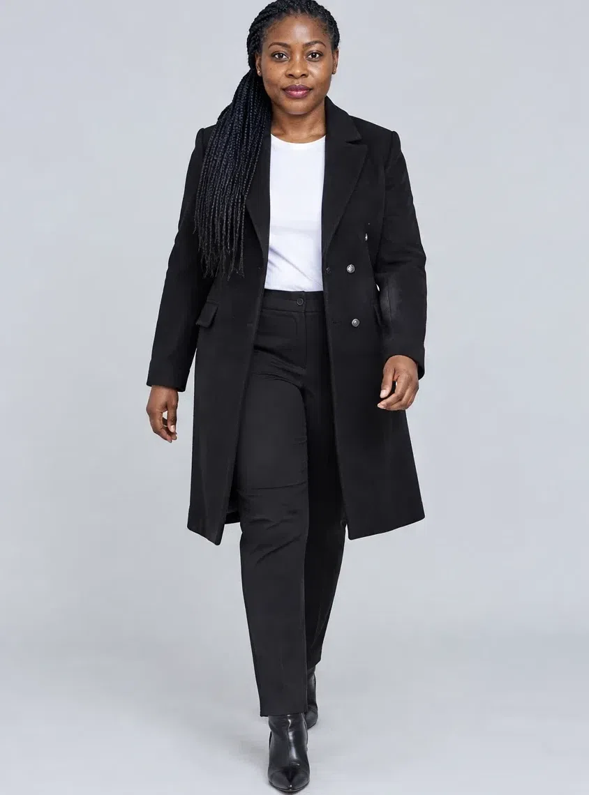 Jet black structured coat shown on four Bright Winter complexions, Deep complexion