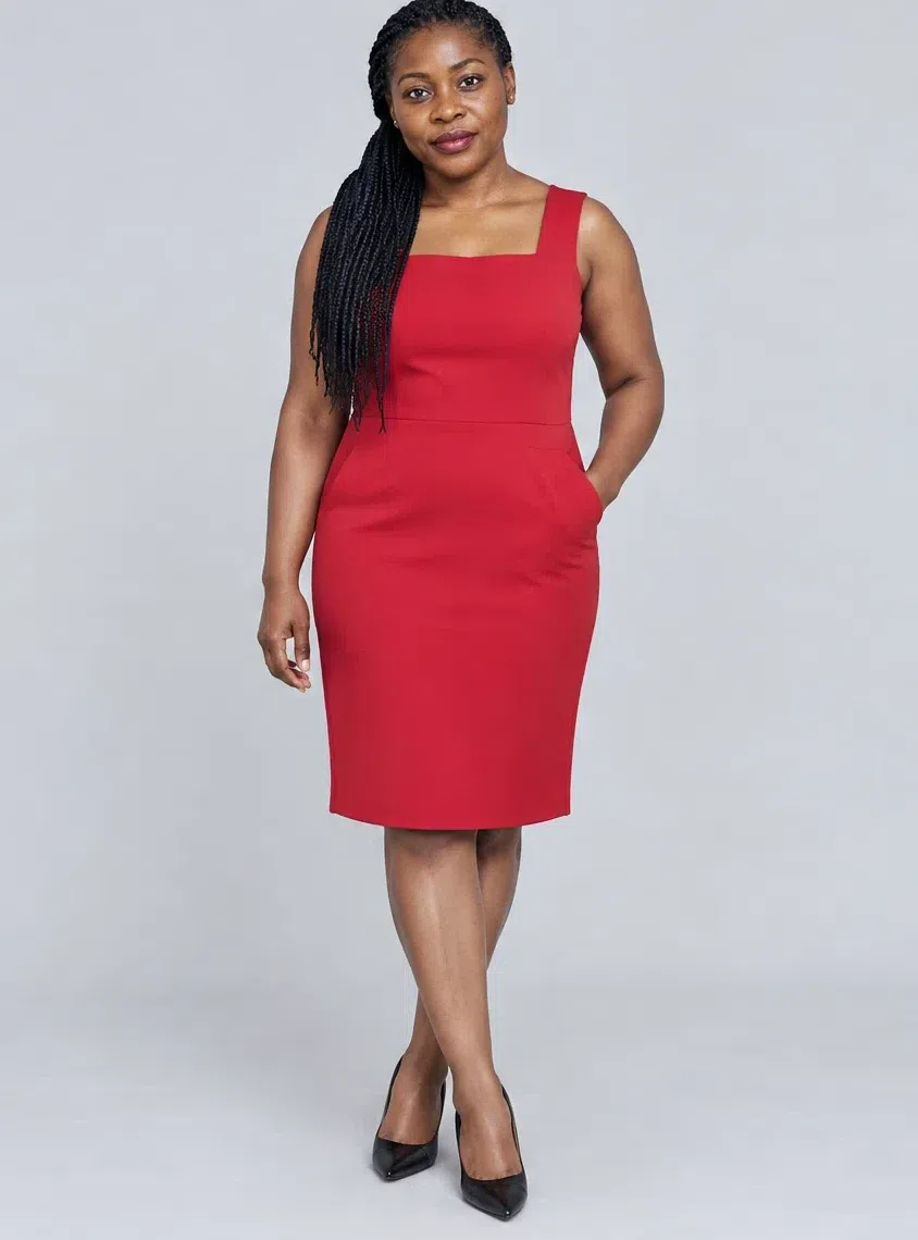Ruby sheath dress shown on four Bright Winter complexions, Deep complexion