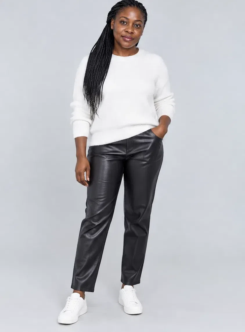 Jet black leather trousers shown on four Bright Winter complexions, Deep complexion