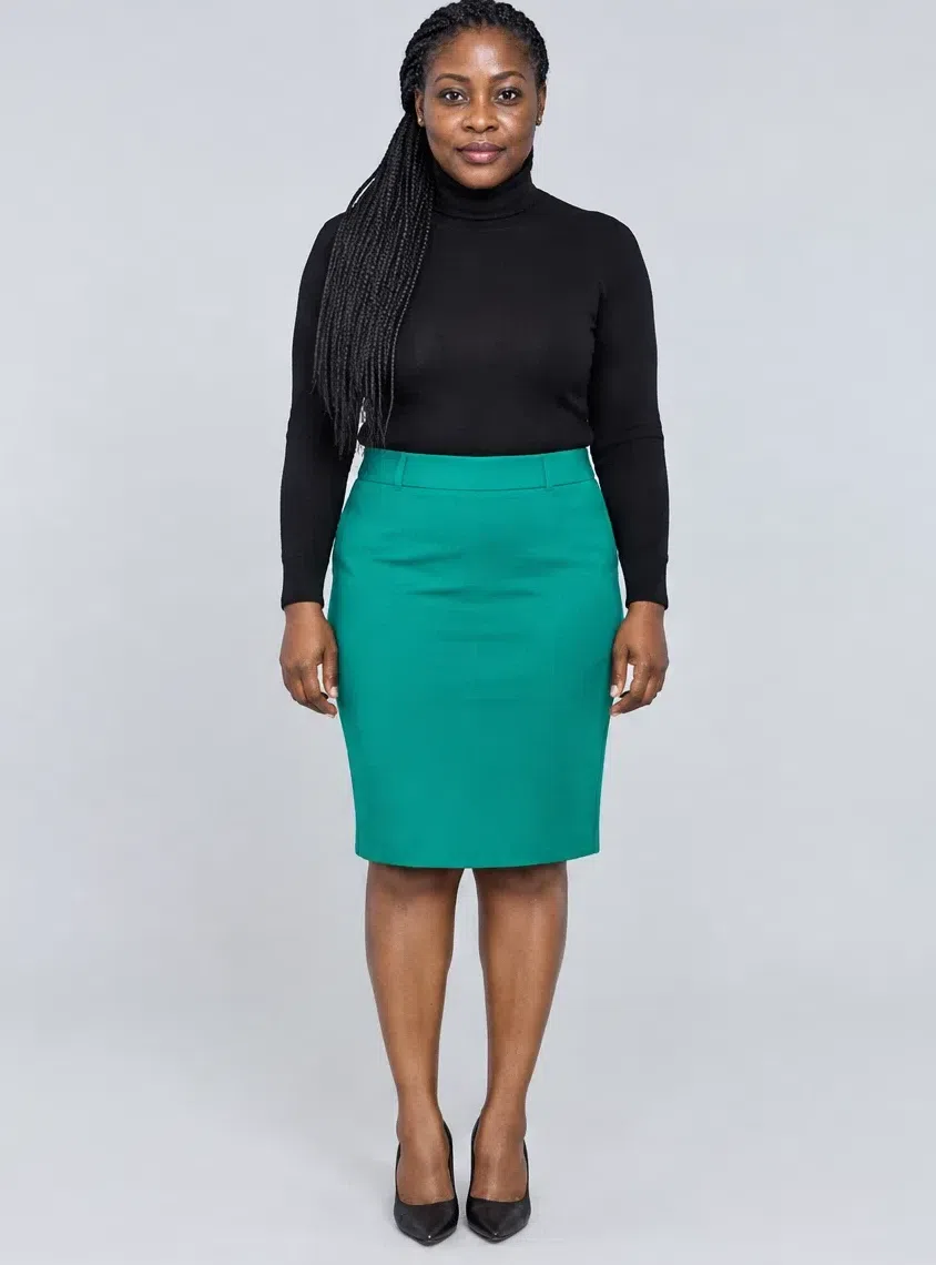 Jewel green pencil skirt shown on four Bright Winter complexions, Deep complexion