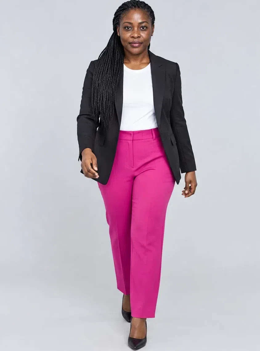 Hot magenta straight trousers shown on four Bright Winter complexions, Deep complexion