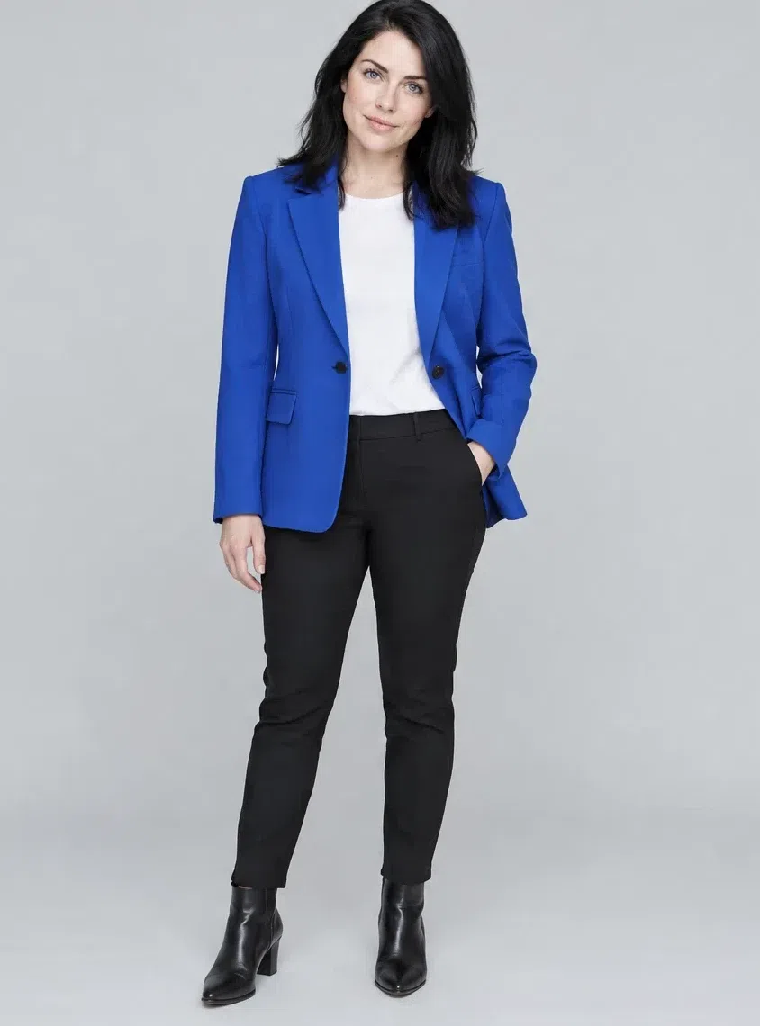 Ultramarine tailored blazer shown on four Bright Winter complexions, Fair complexion