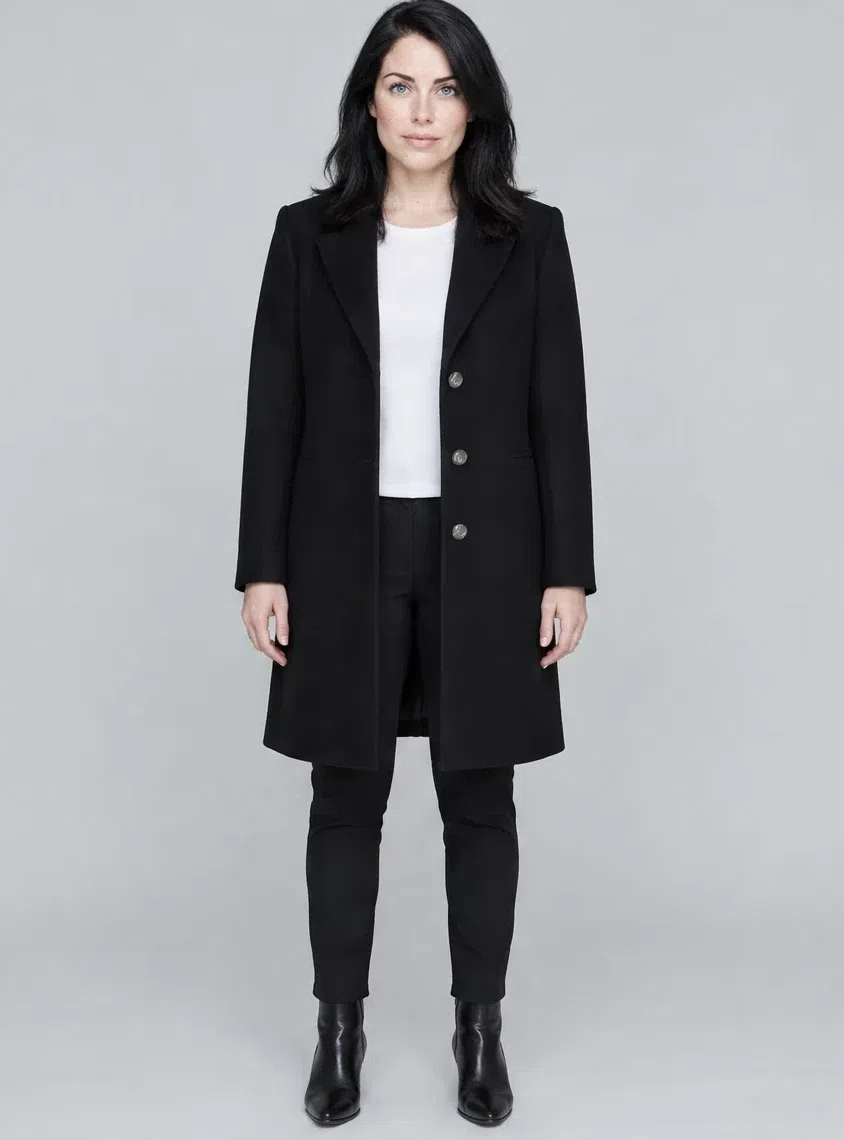 Jet black structured coat shown on four Bright Winter complexions, Fair complexion