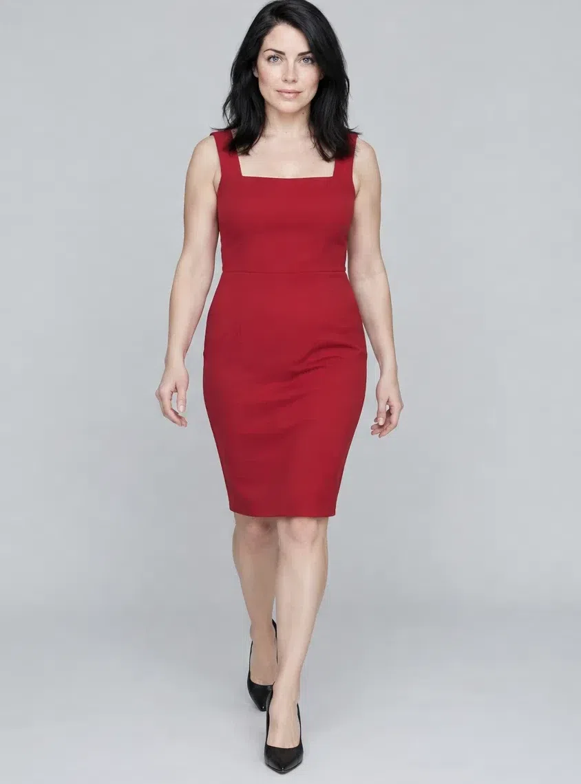 Ruby sheath dress shown on four Bright Winter complexions, Fair complexion