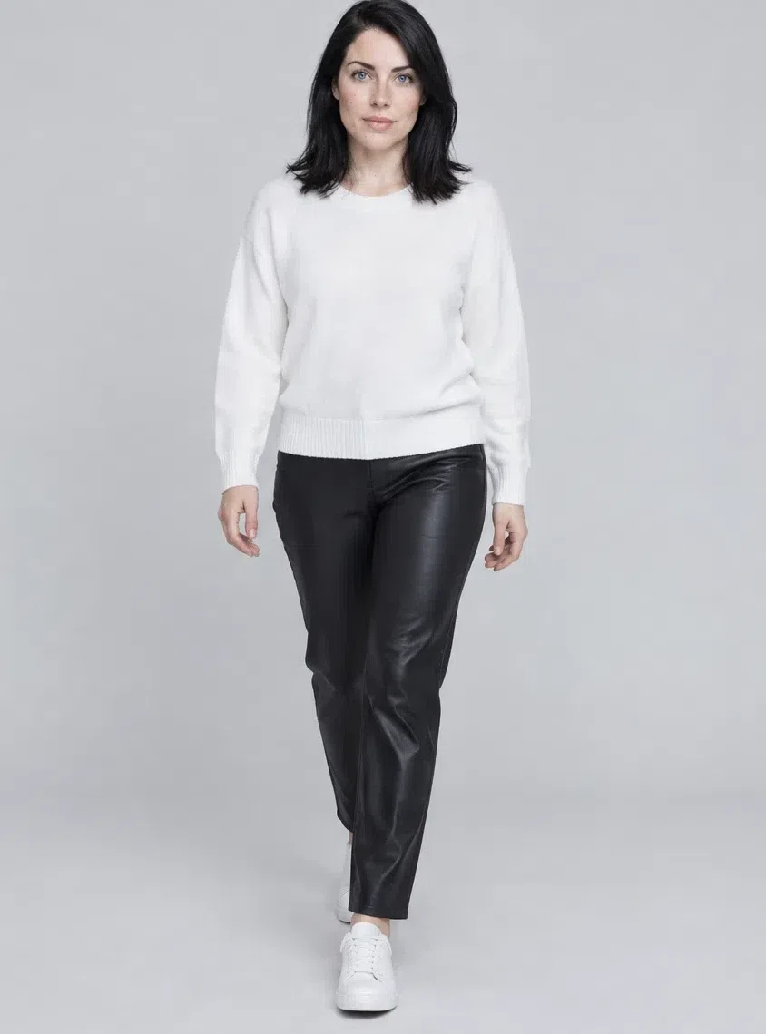 Jet black leather trousers shown on four Bright Winter complexions, Fair complexion
