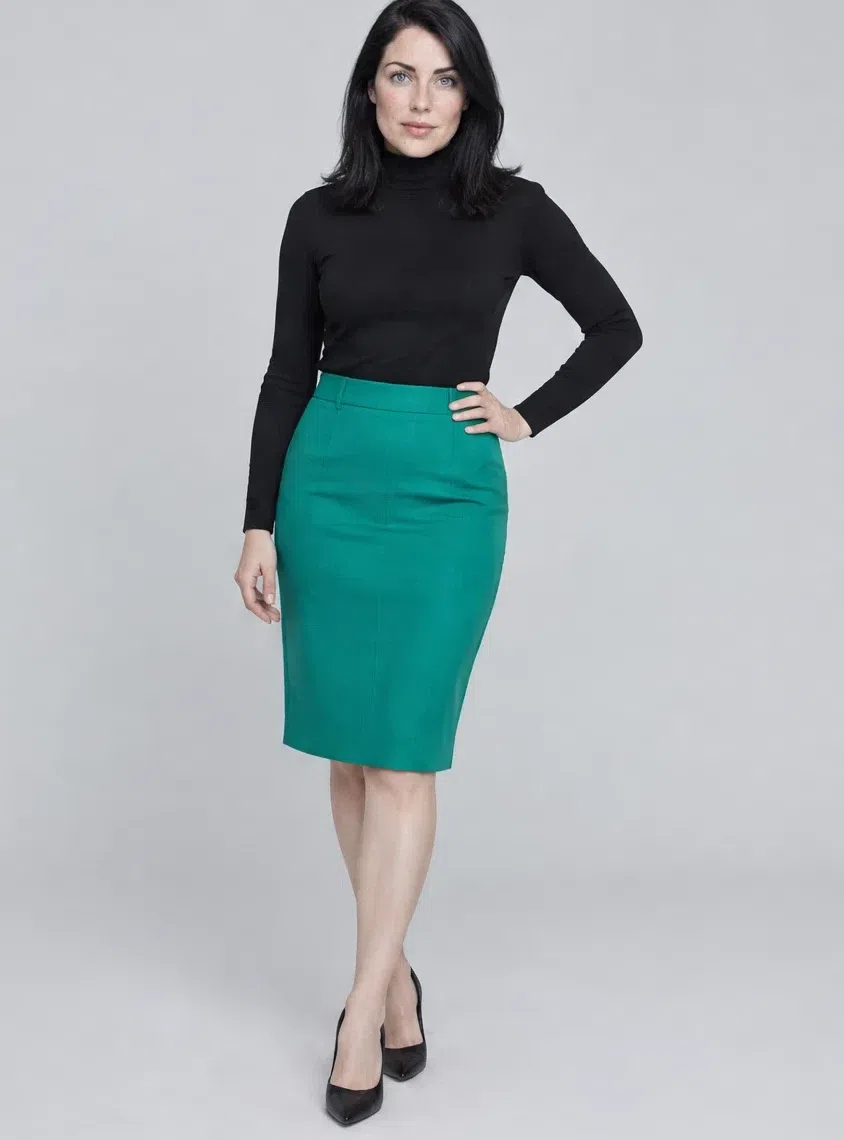 Jewel green pencil skirt shown on four Bright Winter complexions, Fair complexion