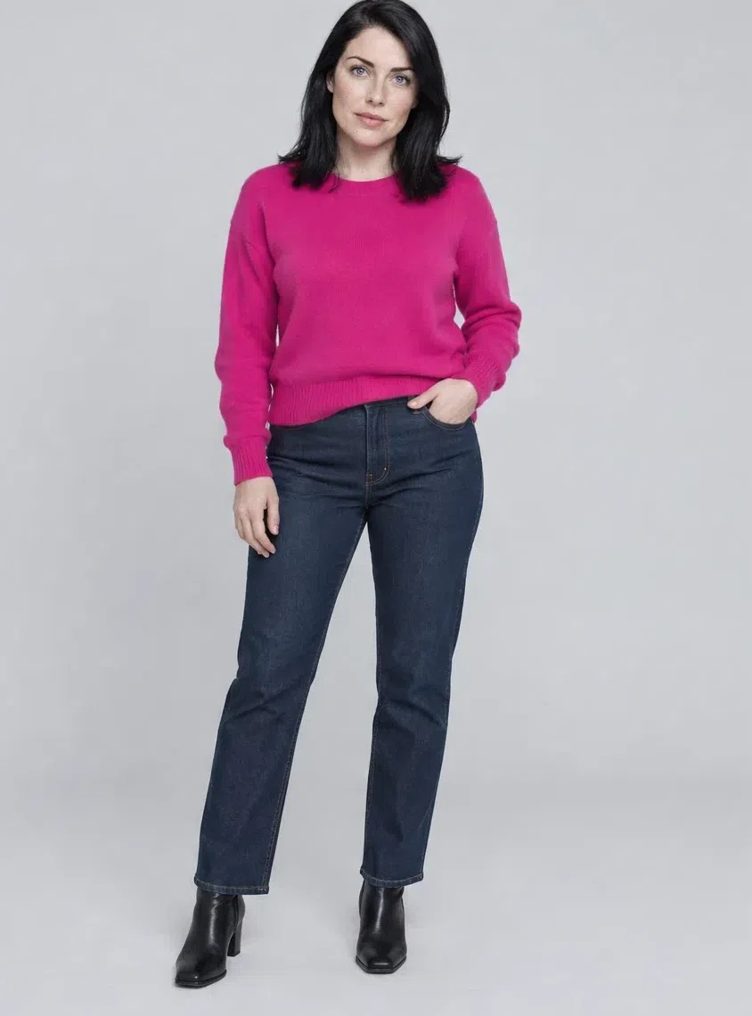 Shocking pink mohair sweater shown on four Bright Winter complexions, Fair complexion