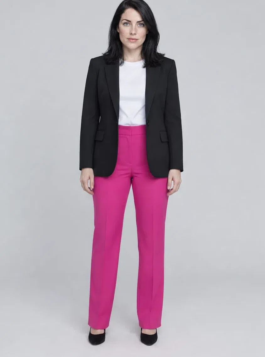 Hot magenta straight trousers shown on four Bright Winter complexions, Fair complexion